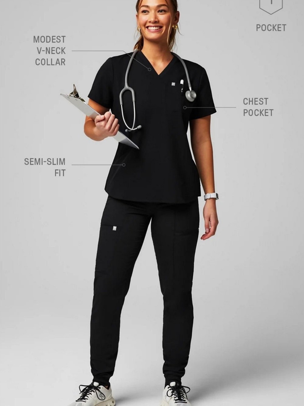 Fabletics Black Track Jogger scrub pants and black scrub top